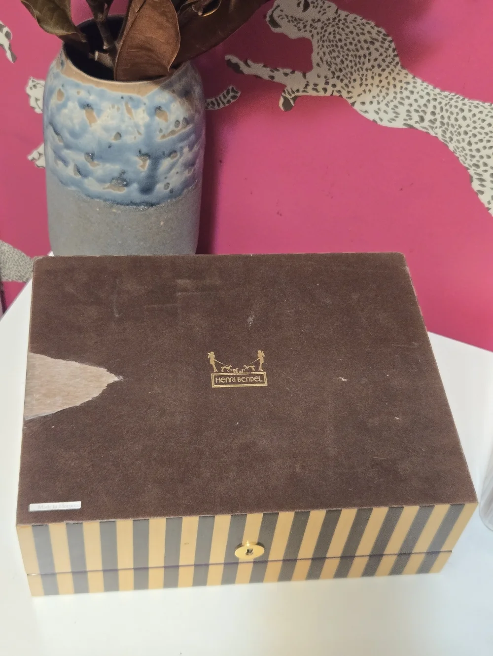 Vintage Henri Bendel Wood Brown Stripes Jewelry Organizer Storage Box